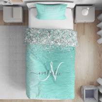 Teal Brushed Metal Silver Glitter Monogram Name Duvet Cover