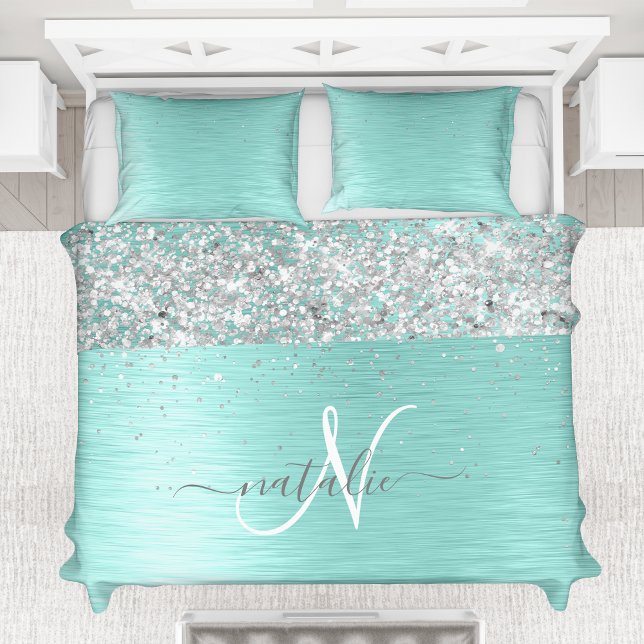 Teal Brushed Metal Silver Glitter Monogram Name Duvet Cover (Creator Uploaded)