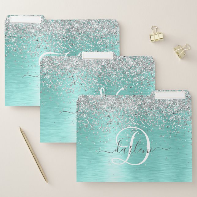 Teal Brushed Metal Silver Glitter Monogram Name File Folder (Set)