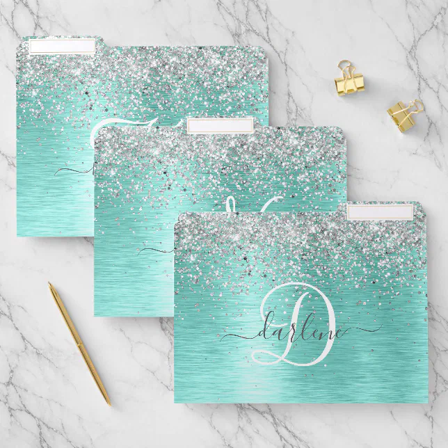 Teal Brushed Metal Silver Glitter Monogram Name File Folder | Zazzle