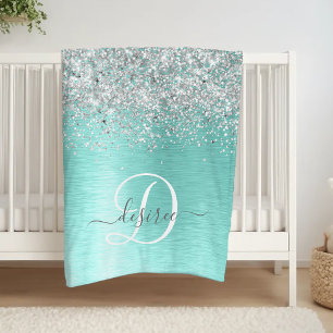 Teal Brushed Metal Silver Glitter Monogram Name Fleece Blanket