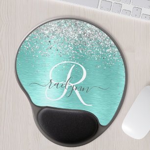 Teal Brushed Metal Silver Glitter Monogram Name Gel Mouse Pad