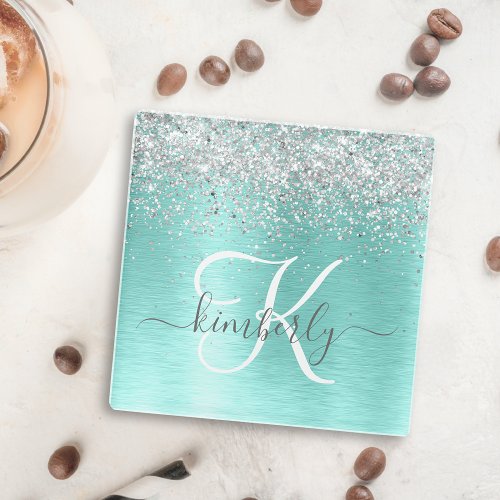 Teal Brushed Metal Silver Glitter Monogram Name Glass Coaster