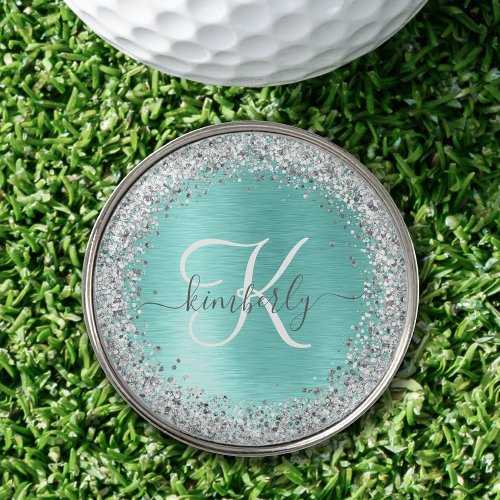 Teal Brushed Metal Silver Glitter Monogram Name Golf Ball Marker