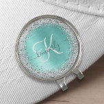 Teal Brushed Metal Silver Glitter Monogram Name Golf Hat Clip<br><div class="desc">Easily personalize this trendy chic golf hat clip design featuring pretty silver sparkling faux glitter on a teal brushed metallic background.</div>