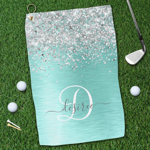Teal Brushed Metal Silver Glitter Monogram Name Golf Towel