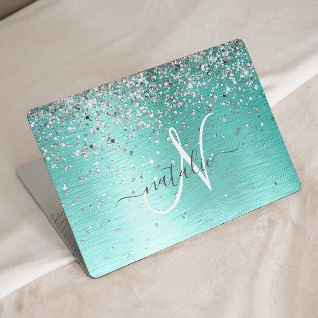 Teal Brushed Metal Silver Glitter Monogram Name HP Laptop Skin (Creator Uploaded)
