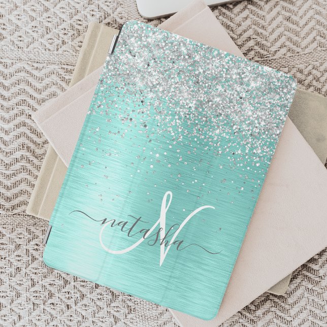 Teal Brushed Metal Silver Glitter Monogram Name iPad Mini Cover (Creator Uploaded)
