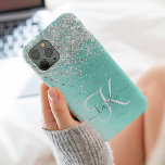 Teal Brushed Metal Silver Glitter Monogram Name iPhone 11Pro Max Case<br><div class="desc">Easily personalize this trendy chic phone case design featuring pretty silver sparkling glitter on a teal brushed metallic background.</div>