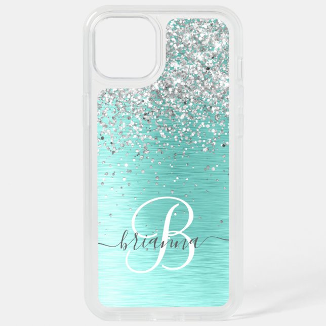 Teal Brushed Metal Silver Glitter Monogram Name iPhone 15 Plus Case (Back)
