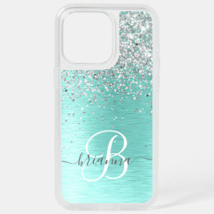 Teal Brushed Metal Silver Glitter Monogram Name iPhone 15 Pro Max Case