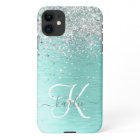 Teal Brushed Metal Silver Glitter Monogram Name
