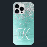 Teal Brushed Metal Silver Glitter Monogram Name iPhone 14 Pro Max Case<br><div class="desc">Easily personalize this trendy chic phone case design featuring pretty silver sparkling glitter on a teal brushed metallic background.</div>
