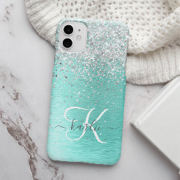 Teal Brushed Metal Silver Glitter Monogram Name iPhone 14 Case