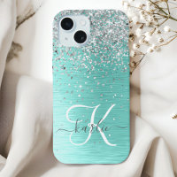 Teal Brushed Metal Silver Glitter Monogram Name