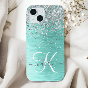 Teal Brushed Metal Silver Glitter Monogram Name iPhone 15 Case
