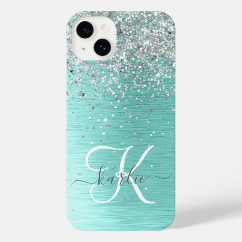 Teal Brushed Metal Silver Glitter Monogram Name iPhone 14 Plus Case