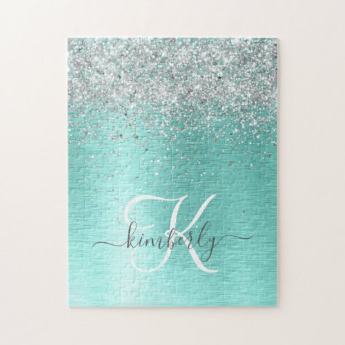 Teal Brushed Metal Silver Glitter Monogram Name Jigsaw Puzzle