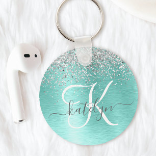 Teal Brushed Metal Silver Glitter Monogram Name Keychain
