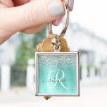 Teal Brushed Metal Silver Glitter Monogram Name Keychain<br><div class="desc">Easily personalize this trendy chic keychain design featuring pretty silver sparkling glitter on a teal brushed metallic background.</div>