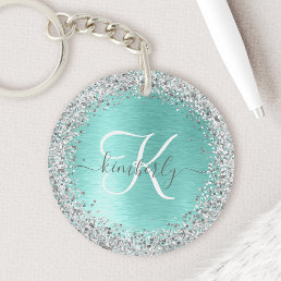 Teal Brushed Metal Silver Glitter Monogram Name Keychain