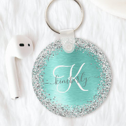 Teal Brushed Metal Silver Glitter Monogram Name Keychain