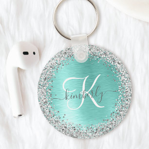 Teal Brushed Metal Silver Glitter Monogram Name Keychain