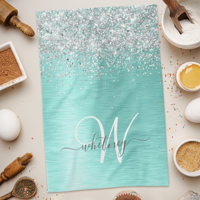 Teal Brushed Metal Silver Glitter Monogram Name Kitchen Towel (Creator Uploaded)