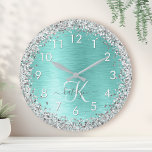 Teal Brushed Metal Silver Glitter Monogram Name Large Clock<br><div class="desc">Easily personalize this trendy chic wall clock design featuring pretty silver sparkling glitter on a teal brushed metallic background.</div>