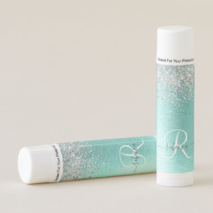 Teal Brushed Metal Silver Glitter Monogram Name Lip Balm