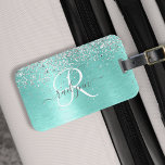 Teal Brushed Metal Silver Glitter Monogram Name Luggage Tag<br><div class="desc">Easily personalize this trendy chic luggage tag design featuring pretty silver sparkling glitter on a teal brushed metallic background.</div>
