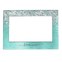 Teal Brushed Metal Silver Glitter Monogram Name