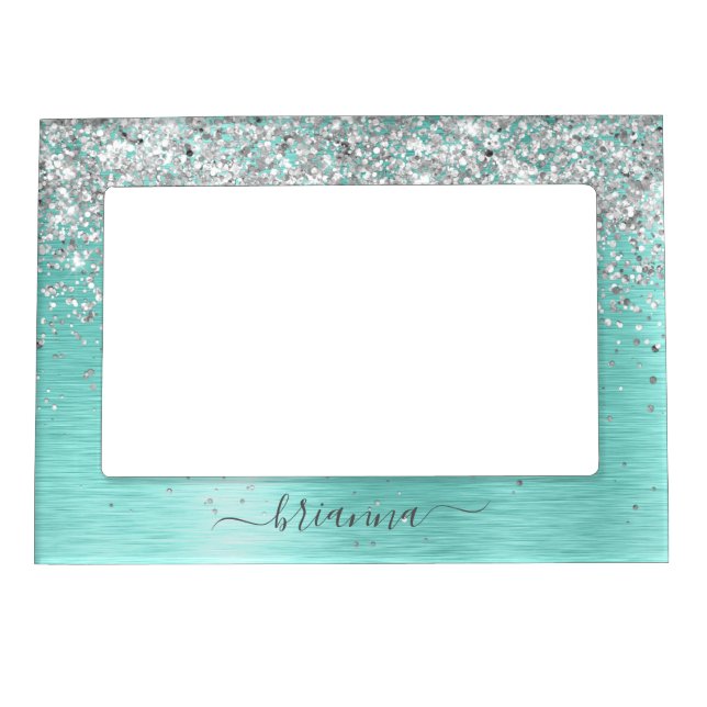 Teal Brushed Metal Silver Glitter Monogram Name Magnetic Frame (Front)