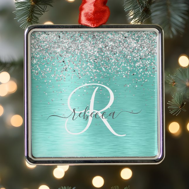  Teal Brushed Metal Silver Glitter Monogram Name Metal Ornament (Creator Uploaded)