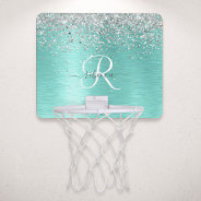 Teal Brushed Metal Silver Glitter Monogram Name Mini Basketball Hoop at Zazzle