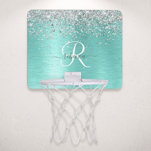 Teal Brushed Metal Silver Glitter Monogram Name Mini Basketball Hoop