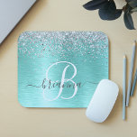 Teal Brushed Metal Silver Glitter Monogram Name Mouse Pad<br><div class="desc">Easily personalize this trendy chic mouse pad design featuring pretty silver sparkling glitter on a teal brushed metallic background.</div>