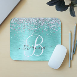 Teal Brushed Metal Silver Glitter Monogram Name Mouse Pad