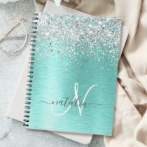 Teal Brushed Metal Silver Glitter Monogram Name Notebook