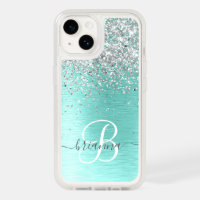 Teal Brushed Metal Silver Glitter Monogram Name