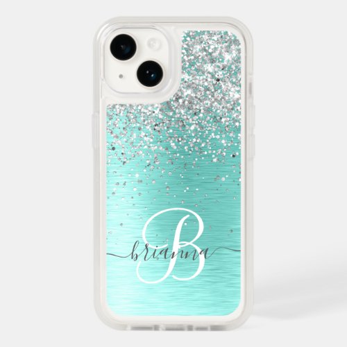 Teal Brushed Metal Silver Glitter Monogram Name OtterBox iPhone 14 Case