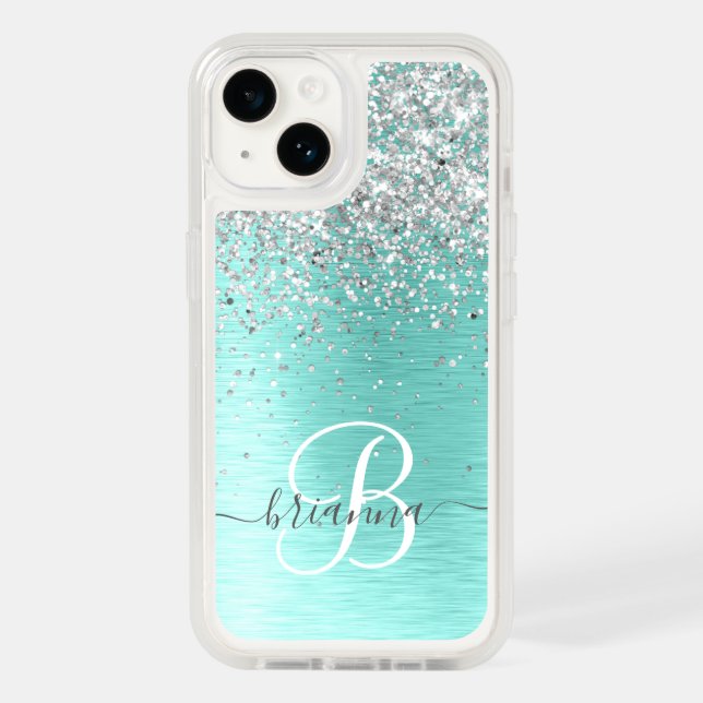 Teal Brushed Metal Silver Glitter Monogram Name Otterbox iPhone Case (Back)