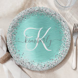 Teal Brushed Metal Silver Glitter Monogram Name Paper Plates<br><div class="desc">Easily personalize this trendy chic paper plate design featuring pretty silver sparkling glitter on a teal brushed metallic background.</div>