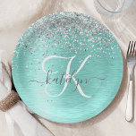 Teal Brushed Metal Silver Glitter Monogram Name Paper Plates<br><div class="desc">Easily personalize this trendy chic paper plates design featuring pretty silver sparkling glitter on a teal brushed metallic background.</div>