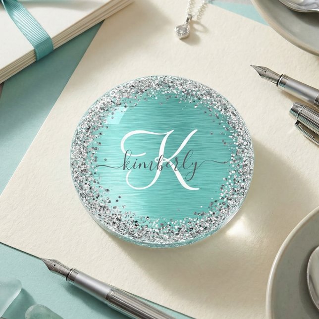 Teal Brushed Metal Silver Glitter Monogram Name Paperweight (Creator Uploaded)