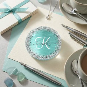Teal Brushed Metal Silver Glitter Monogram Name Paperweight