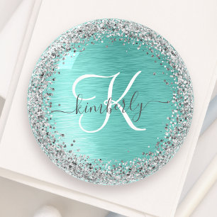 Teal Brushed Metal Silver Glitter Monogram Name Paperweight