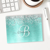 Teal Brushed Metal Silver Glitter Monogram Name