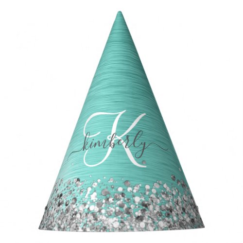 Teal Brushed Metal Silver Glitter Monogram Name Party Hat