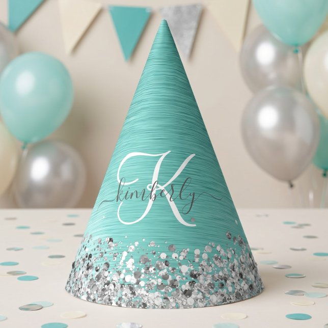 Teal Brushed Metal Silver Glitter Monogram Name Party Hat (Creator Uploaded)